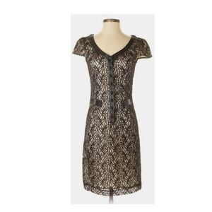 Moda International Dress Black Gold Leather-Trimmed Silk Sheath Dress Size 2